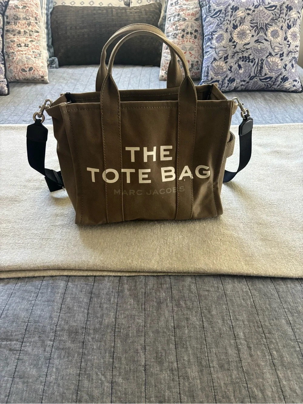 Marc Jacobs Slate Green Medium Canvas Tote with Bold Logo and Strap